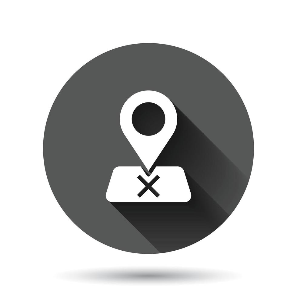 Map pin icon in flat style. gps navigation vector illustration on black round background with long shadow effect. Locate position circle button business concept.