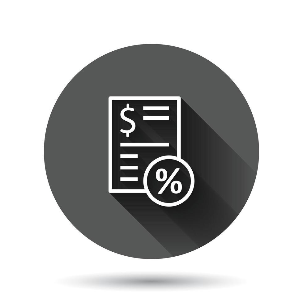 Tax payment icon in flat style. Budget invoice vector illustration on black round background with long shadow effect. Calculate document  circle button business concept.