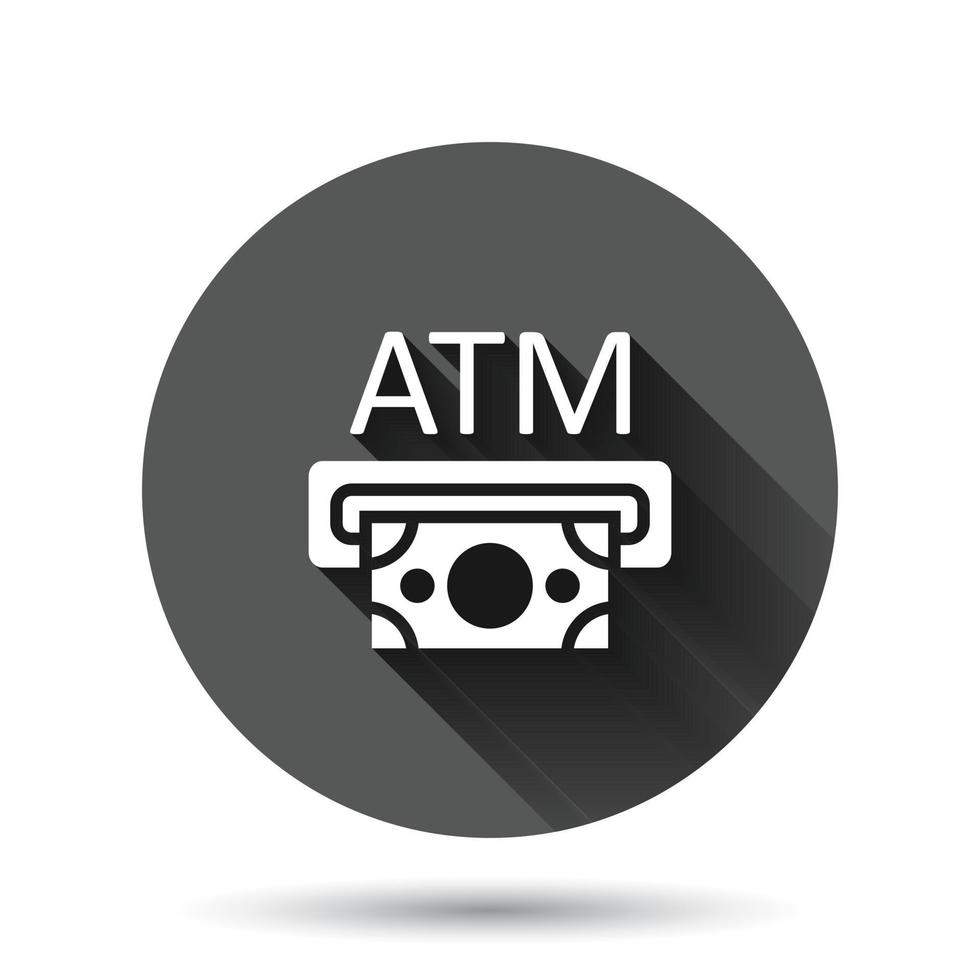 Money ATM icon in flat style. Exchange cash vector illustration on black round background with long shadow effect. Banknote bill circle button business concept.