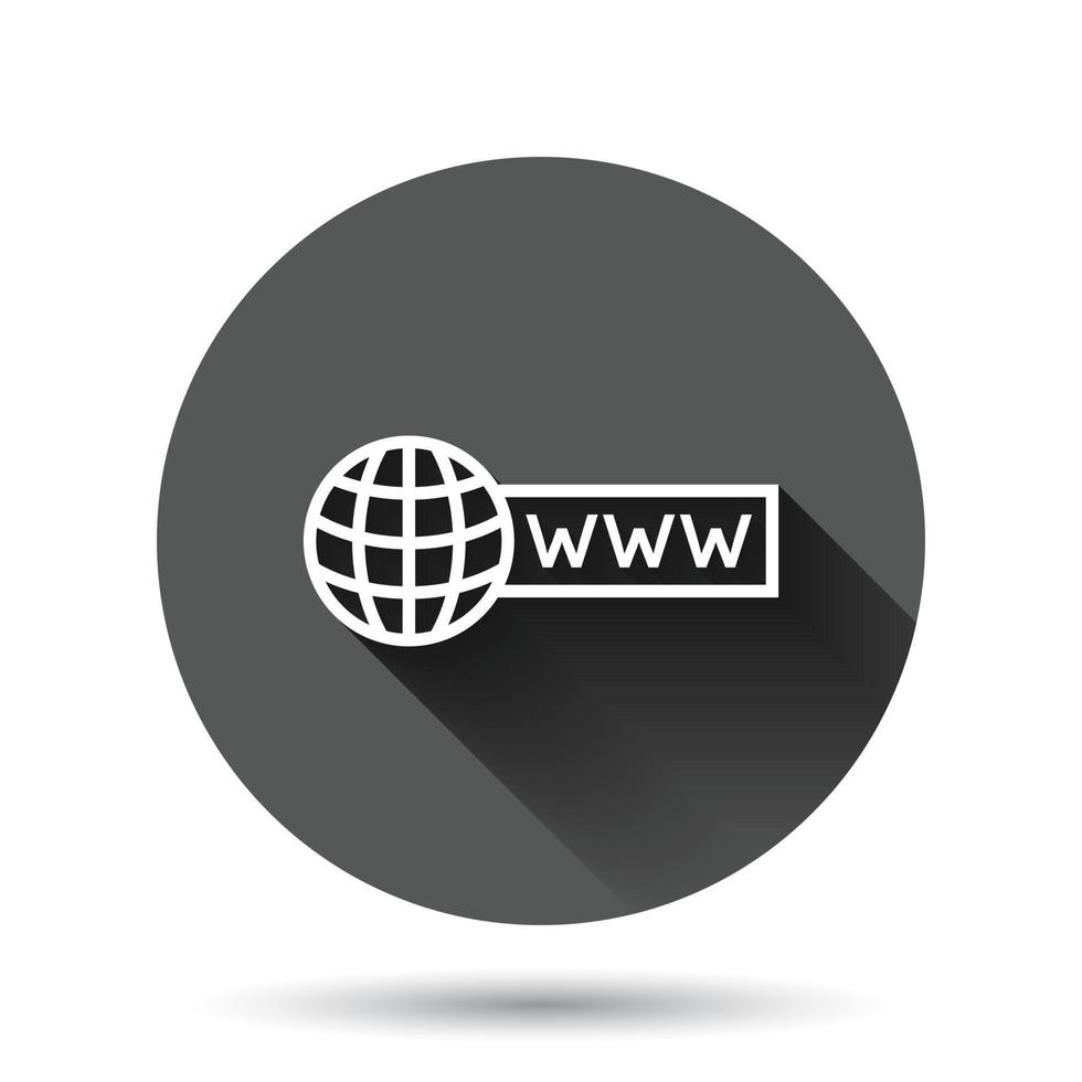 Global search icon in flat style. Website address vector illustration on black round background with long shadow effect. WWW network circle button business concept.