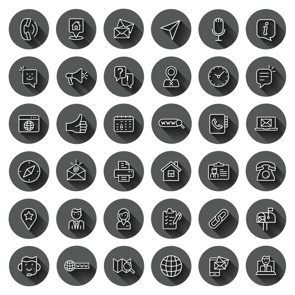 Contact us icon set in flat style. Mobile communication vector illustration on black round background with long shadow effect. Phone call circle button business concept.