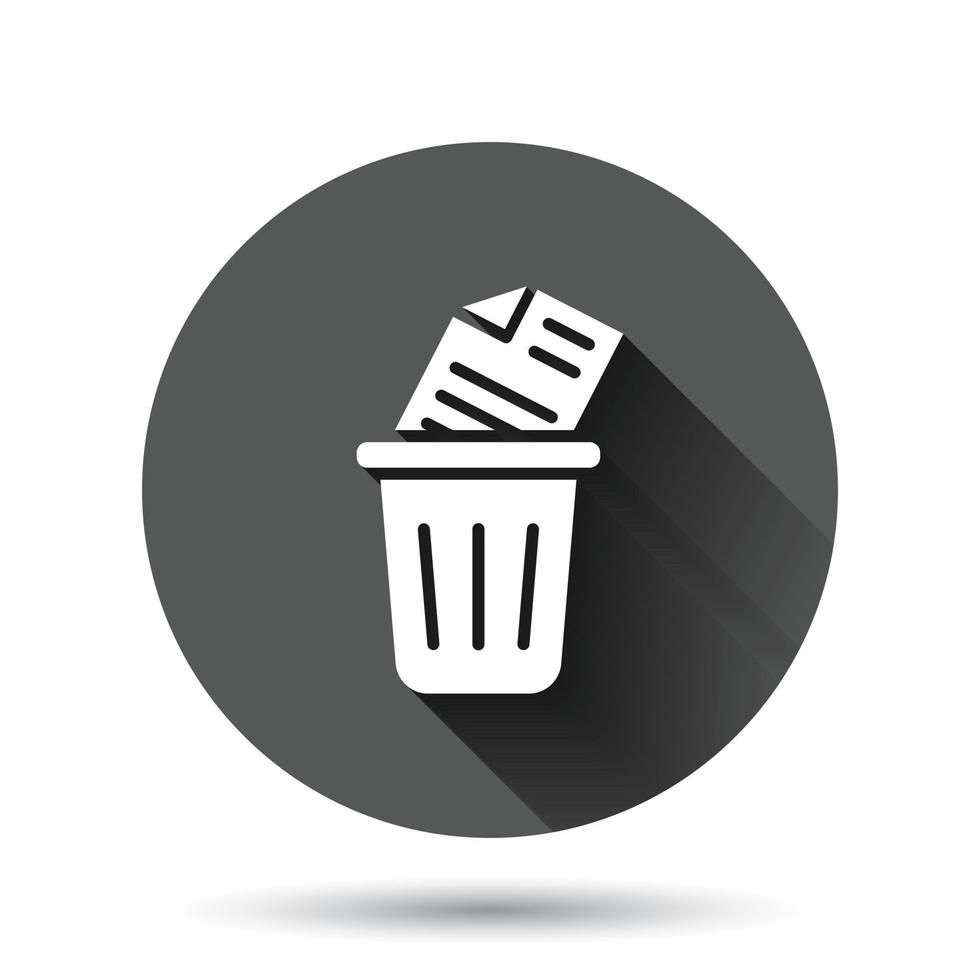 Trash bin with document icon in flat style. Paper recycle vector illustration on black round background with long shadow effect. Office garbage circle button business concept.