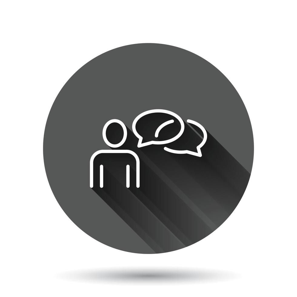 People with speech bubble icon in flat style. Chat vector illustration on black round background with long shadow effect. Speaker dialog circle button business concept.