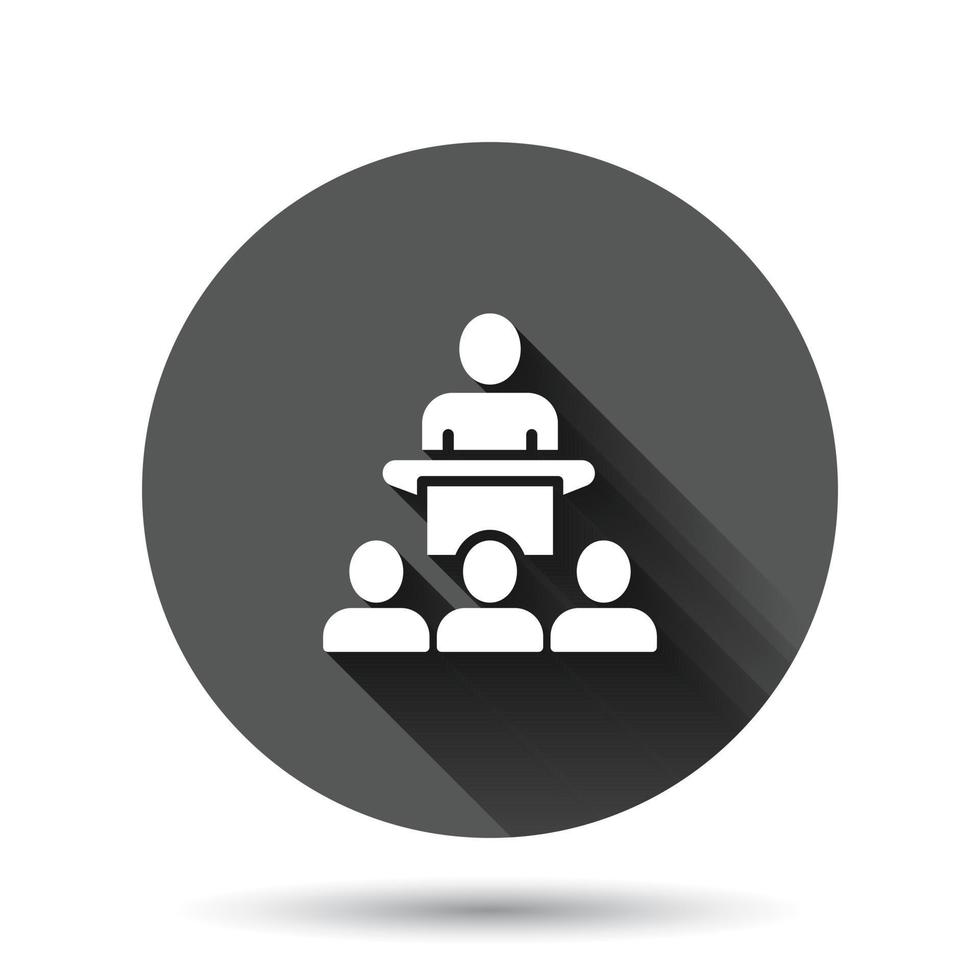 People on podium icon in flat style. Speaker vector illustration on black round background with long shadow effect. Audience orator circle button business concept.