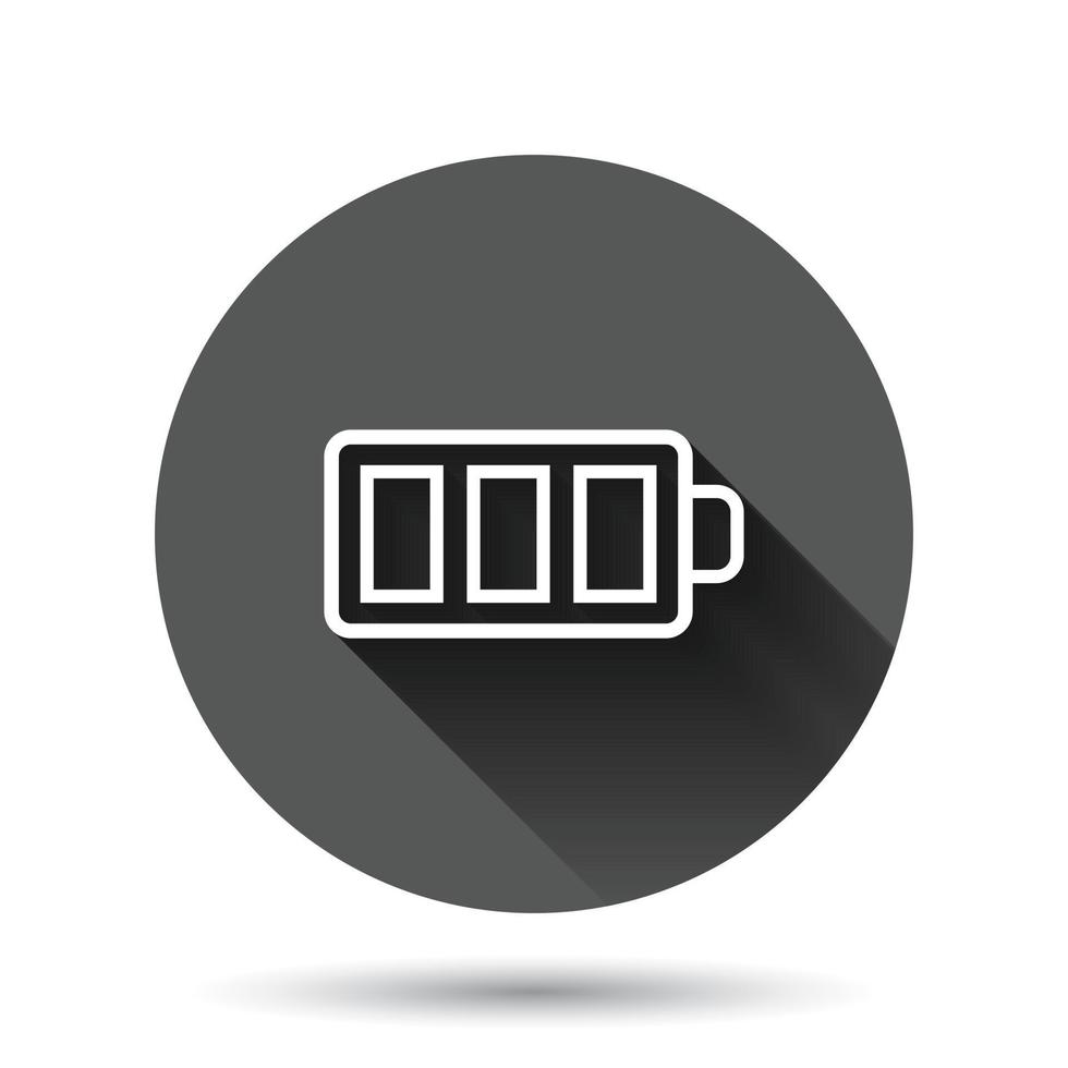 Battery charge icon in flat style. Power level vector illustration on black round background with long shadow effect. Lithium accumulator circle button business concept.