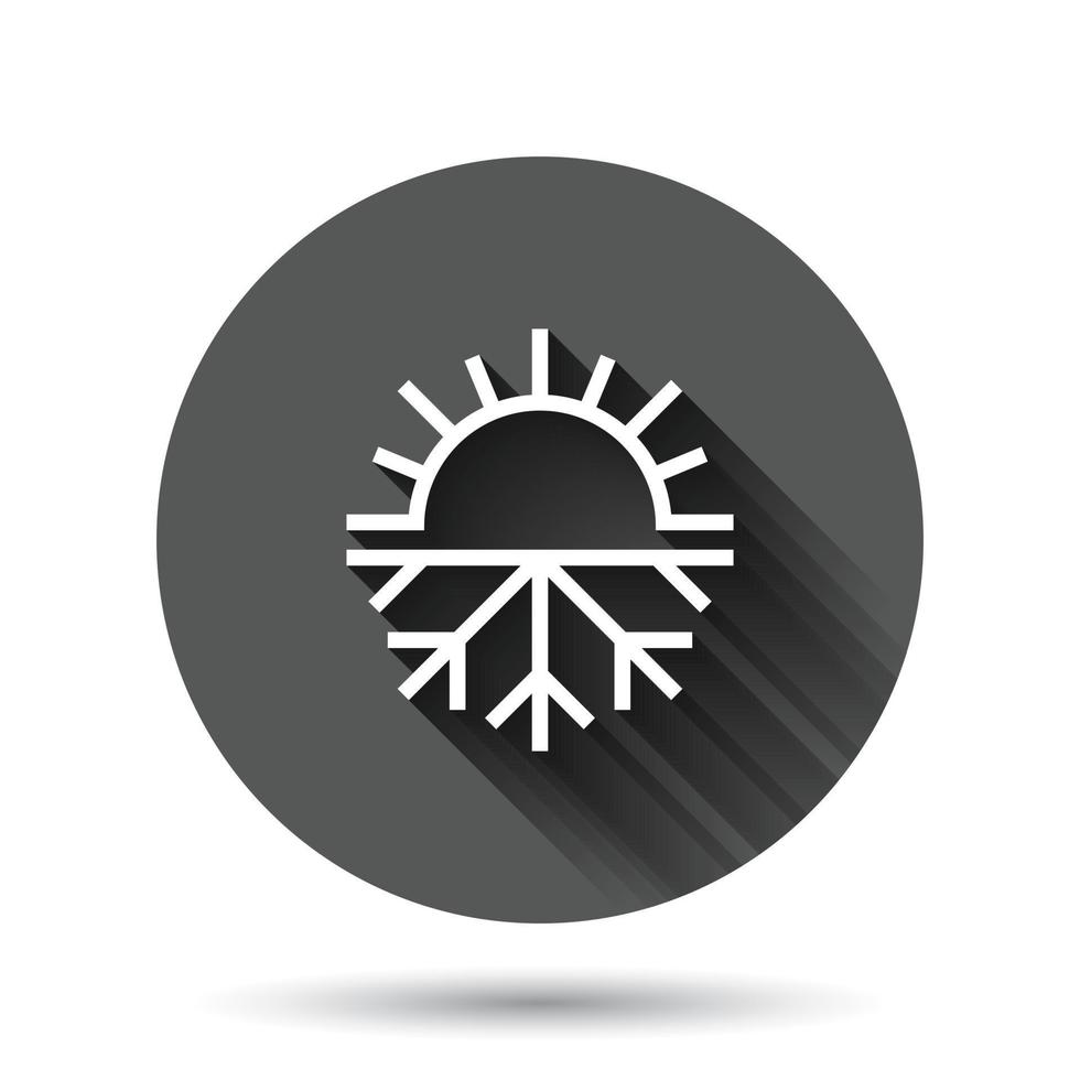 icono de copo de nieve y sol en estilo plano. ilustración vectorial de control climático sobre fondo redondo negro con efecto de sombra larga. Concepto de negocio de botón de círculo de temperatura fría y caliente. vector