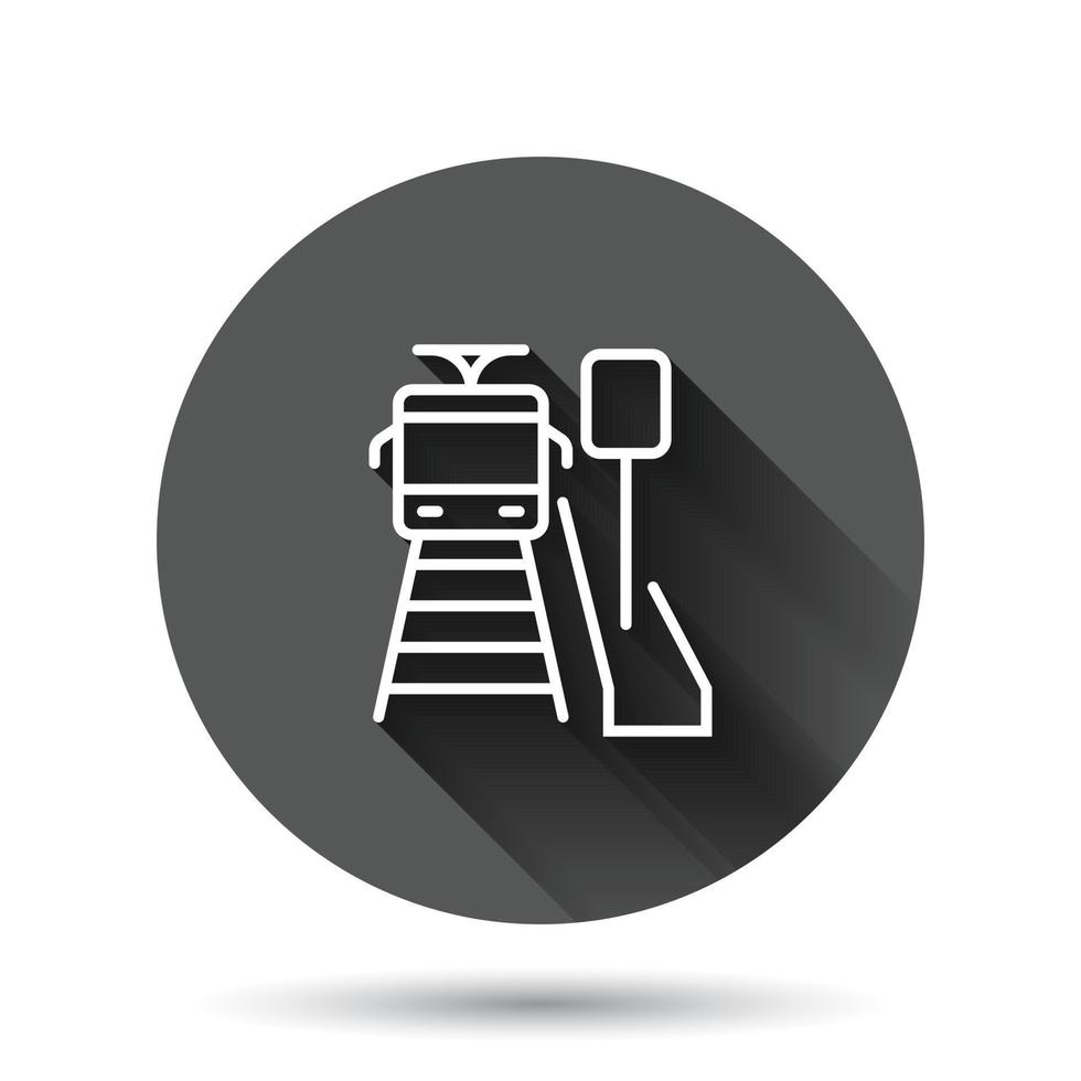 Metro station icon in flat style. Train subway vector illustration on black round background with long shadow effect. Railroad cargo circle button business concept.