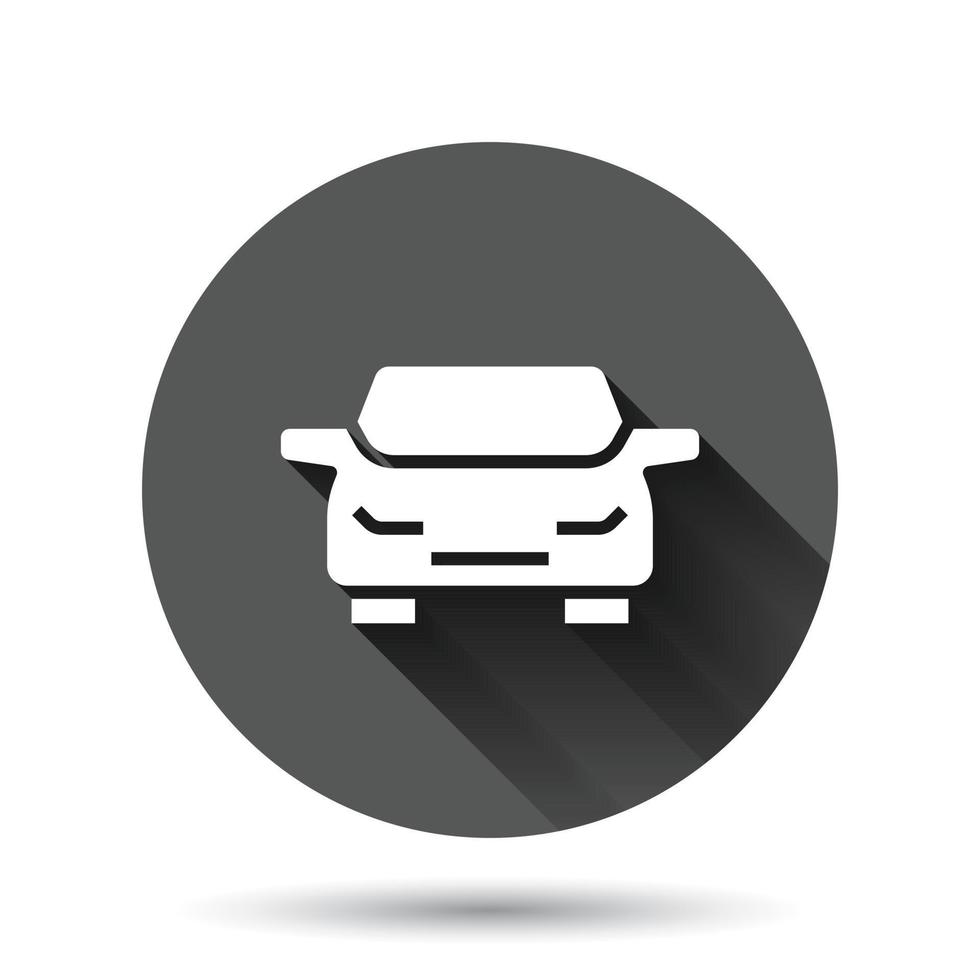Car icon in flat style. Automobile vehicle vector illustration on black round background with long shadow effect. Sedan circle button business concept.