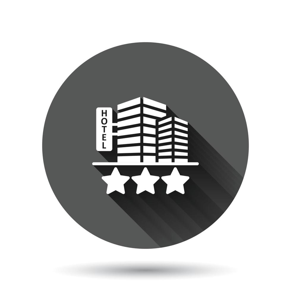 icono de signo de hotel 3 estrellas en estilo plano. posada edificio ilustración vectorial sobre fondo negro redondo con efecto de sombra larga. concepto de negocio de botón de círculo de habitación de albergue. vector