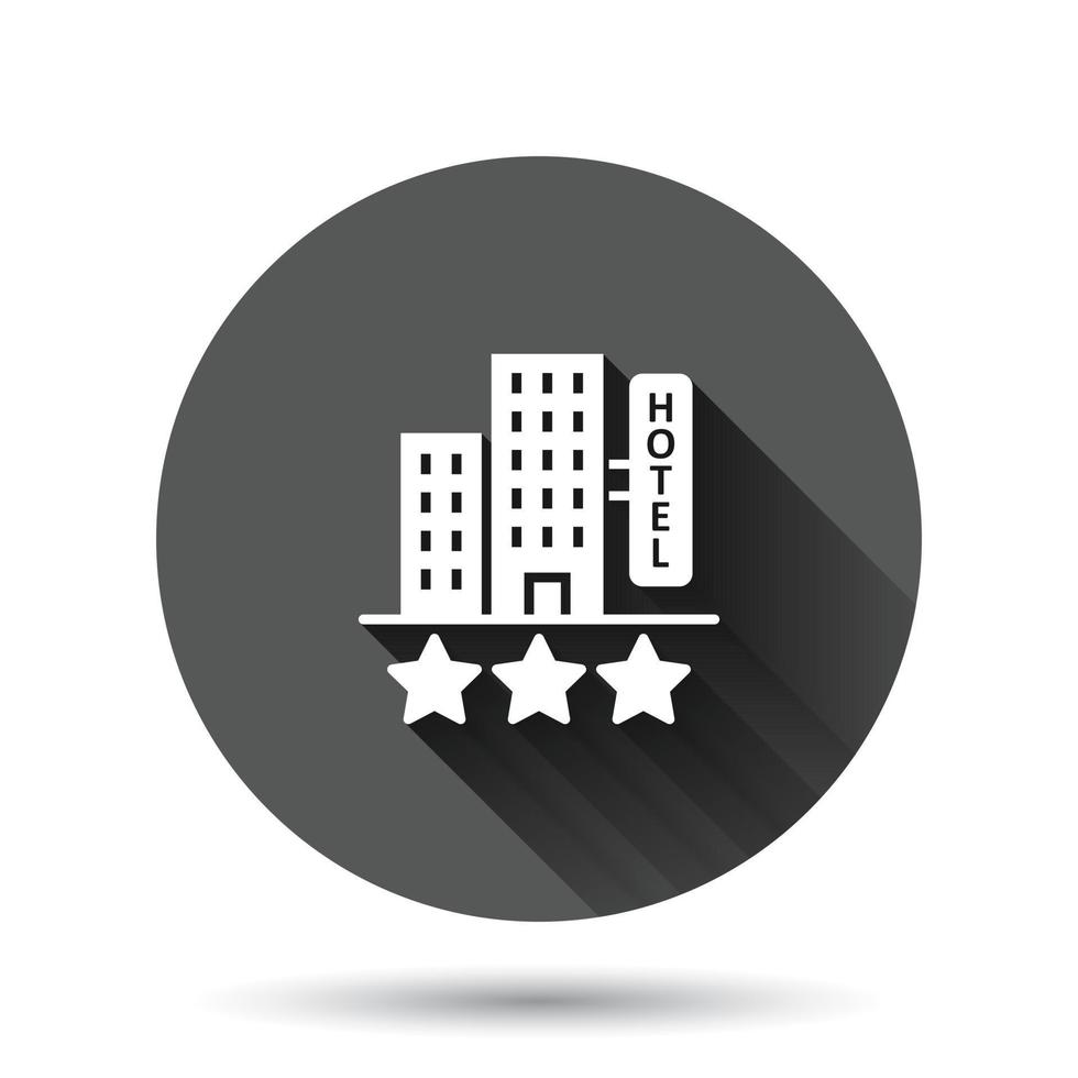 Hotel 3 stars sign icon in flat style. Inn building vector illustration on black round background with long shadow effect. Hostel room circle button business concept.