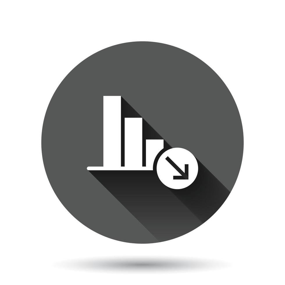 Market trend icon in flat style. Decline arrow with magnifier vector illustration on black round background with long shadow effect. Decrease circle button business concept.