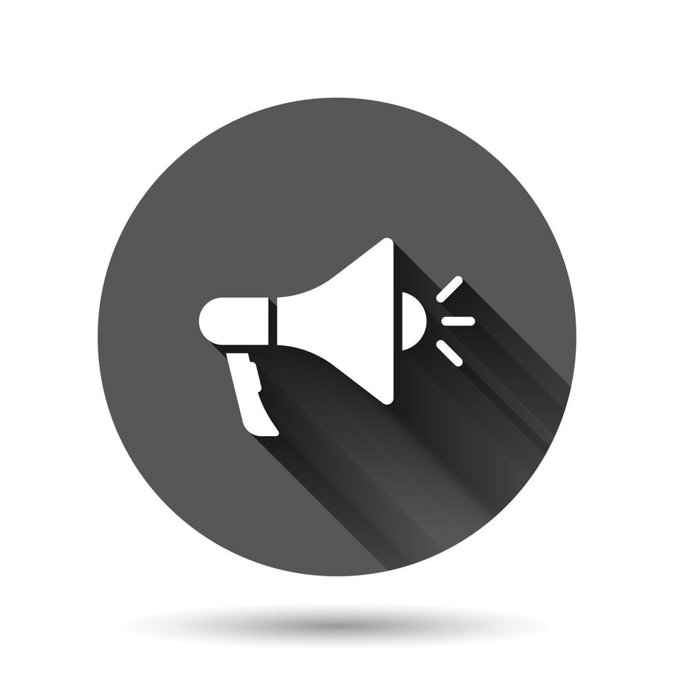 Megaphone speaker icon in flat style. Bullhorn sign vector illustration on black round background with long shadow effect. Scream announcement circle button business concept.