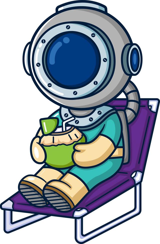 The diver sitting on beach chair and drinking coconut water vector