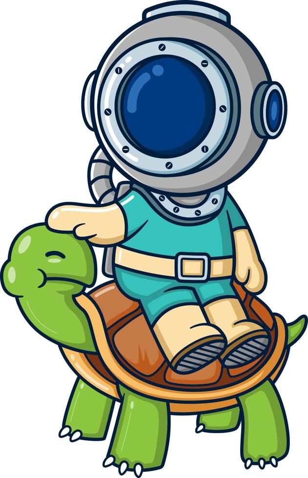 The diver sitting on a big turtle vector