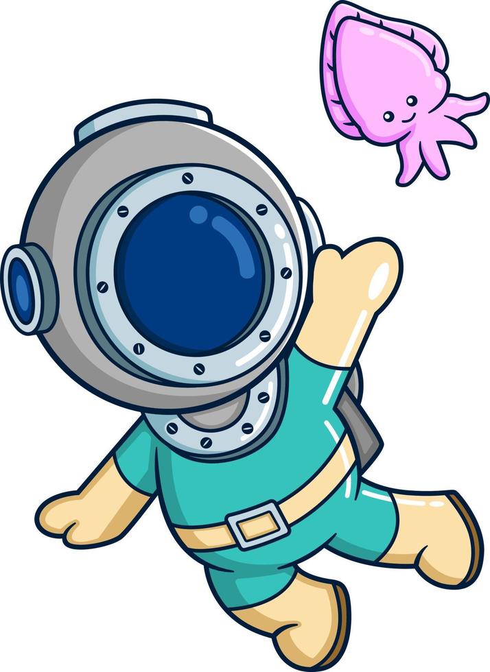 The diver playing with  cute cuttlefish vector