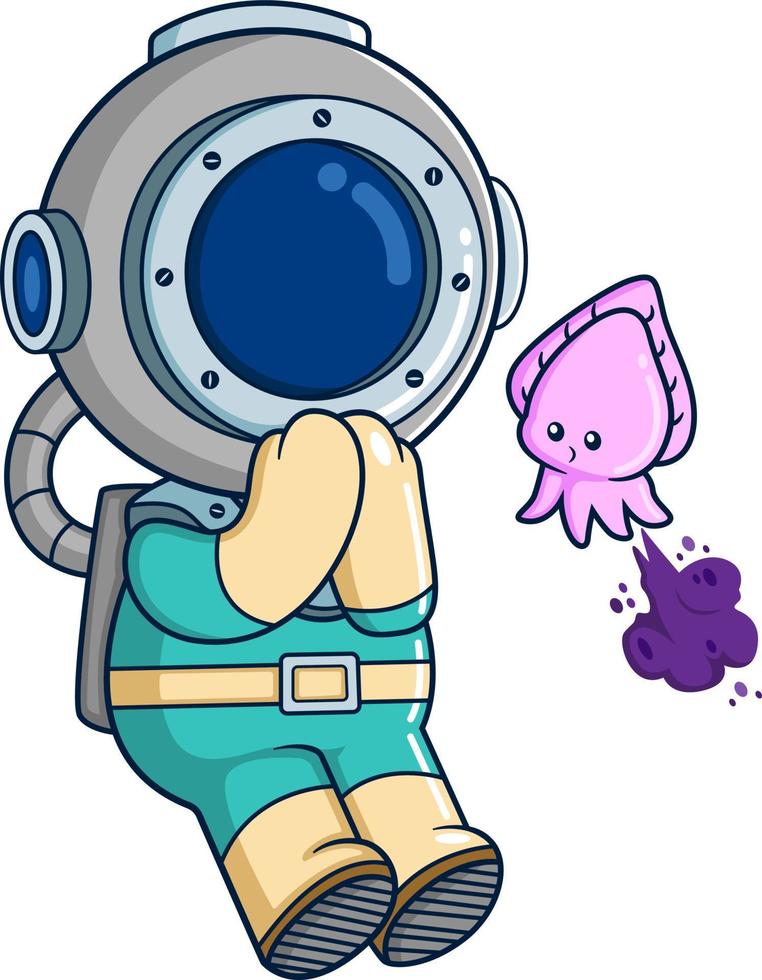 The diver jokes and plays with a cute cuttlefish vector