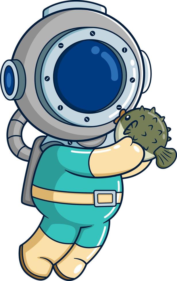 The diver plays with a cute puffer fish vector