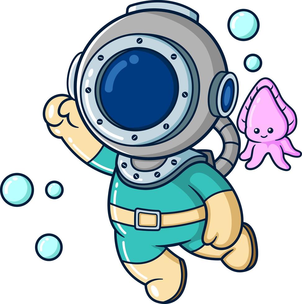 Cute diver playing with a little cuttlefish vector