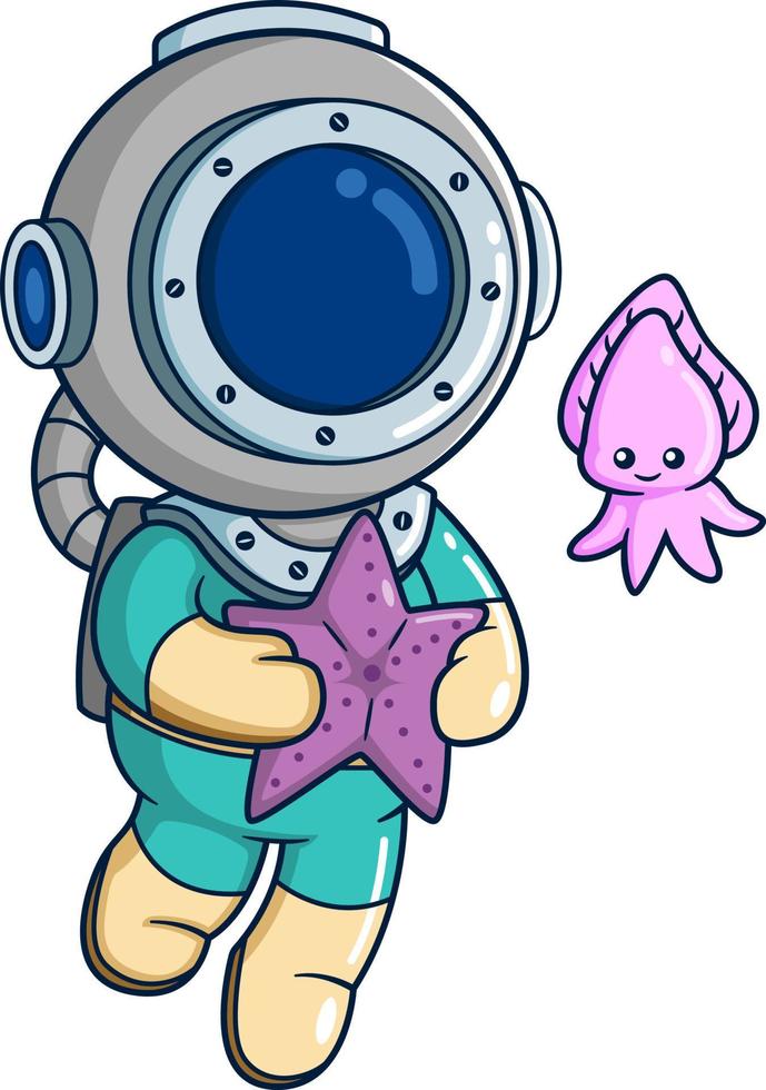 The diver brings a starfish and plays with a cuttlefish vector