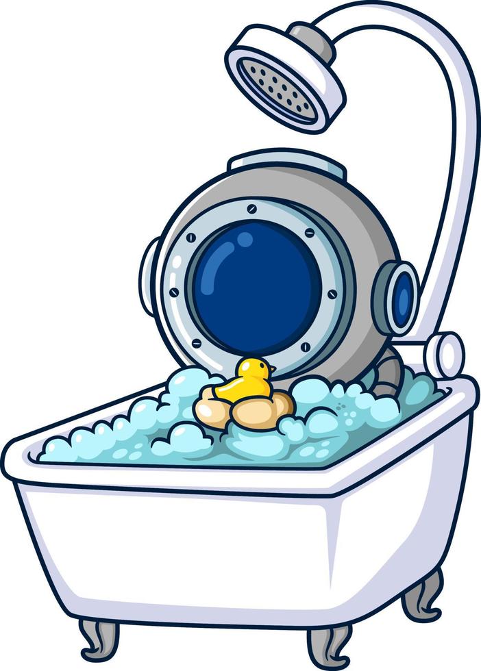 Funny diver bathing in bathtub and playing yellow rubber duck vector