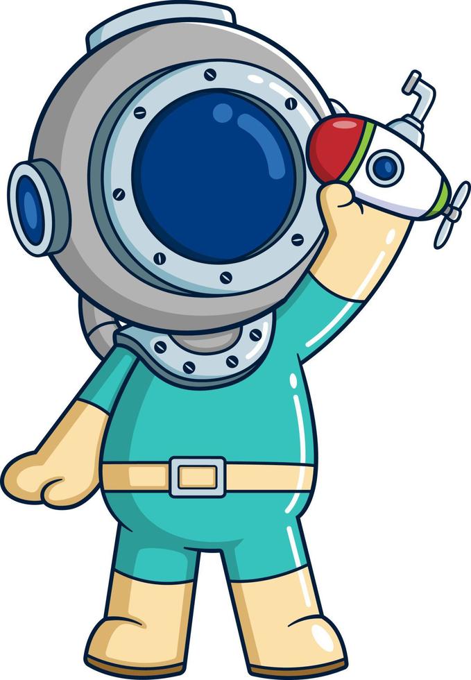 The diver is playing with a unique submarine toy vector