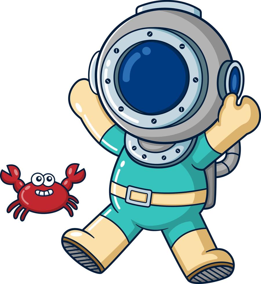 The joyful diver happily plays with a cute crab vector