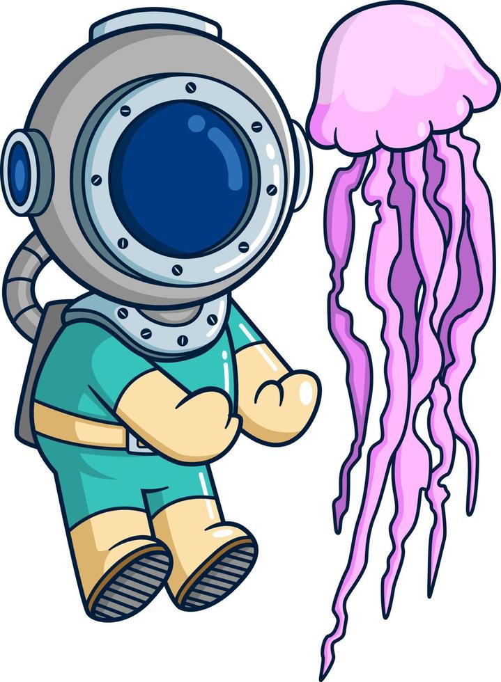 The diver playing with  a big jellyfish vector