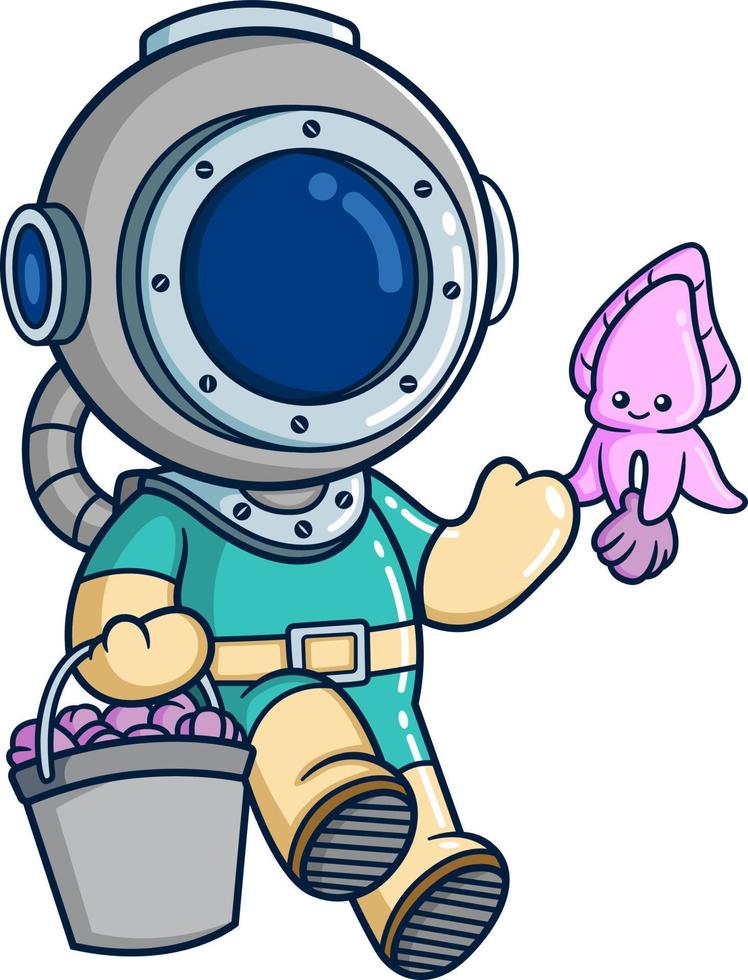 The diver carrying bucket and playing with cuttlefish vector