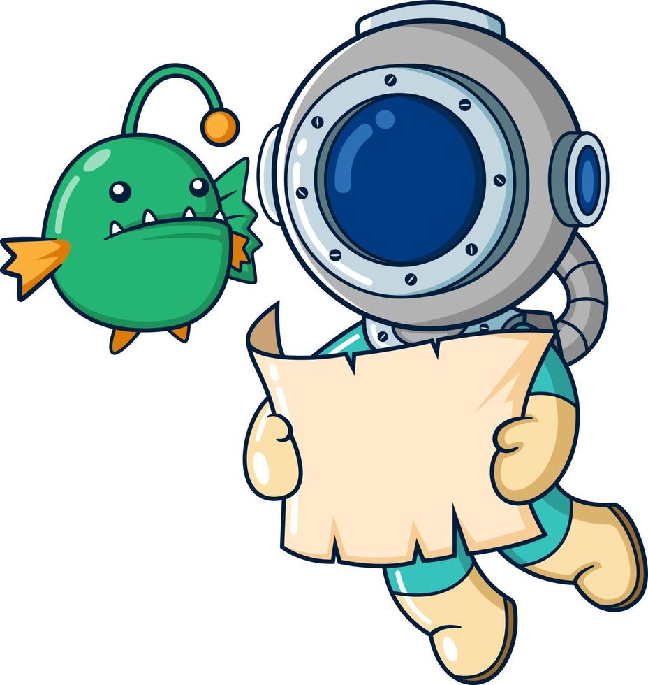 The funny diver reads a map with an angler fish vector