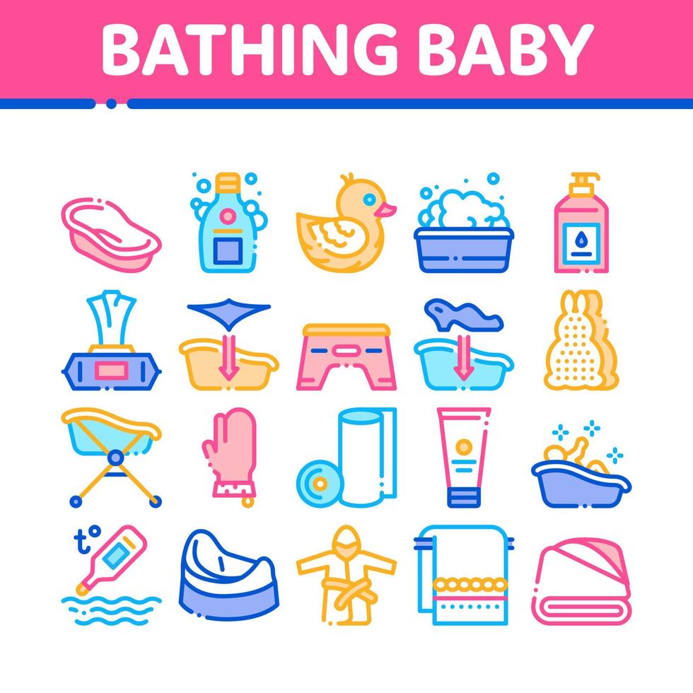 Bathing Baby Tool Collection Icons Set Vector