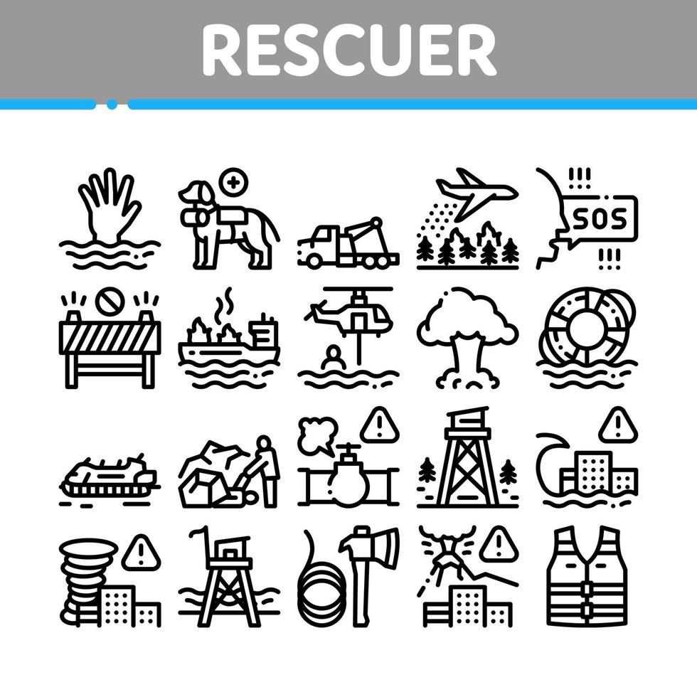 Rescuer Equipment Collection Icons Set Vector Illustrations