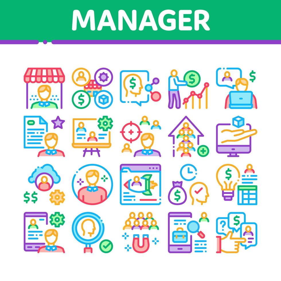 Account Manager Work Collection Icons Set Vector