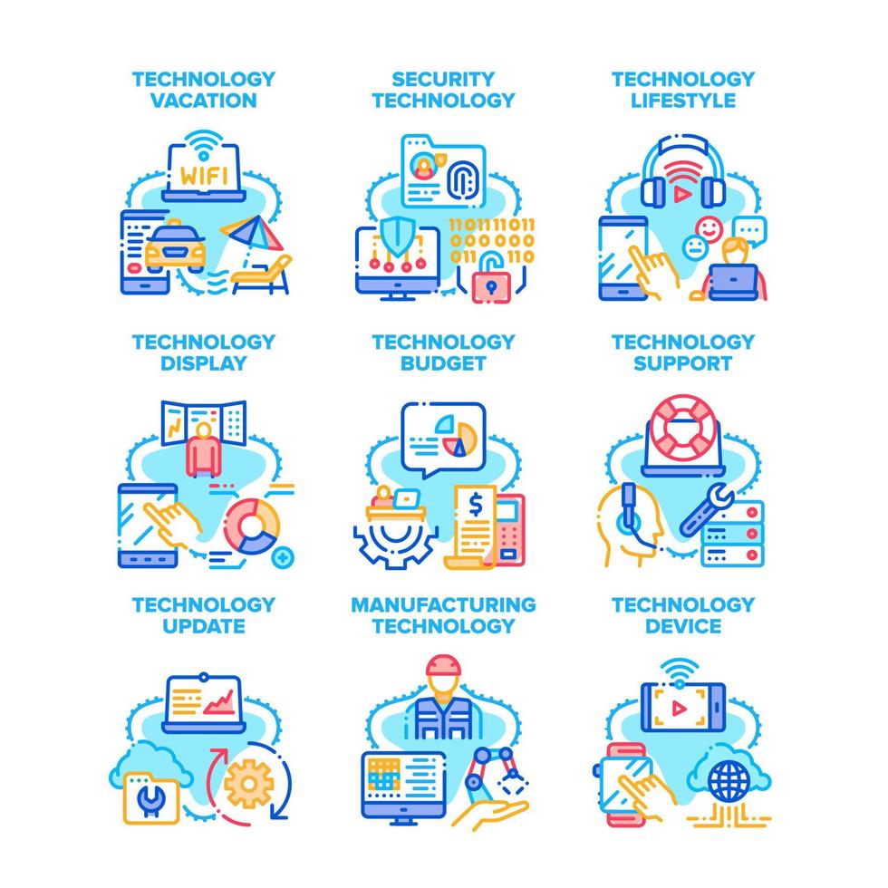 soporte de tecnología establecer iconos ilustraciones vectoriales vector