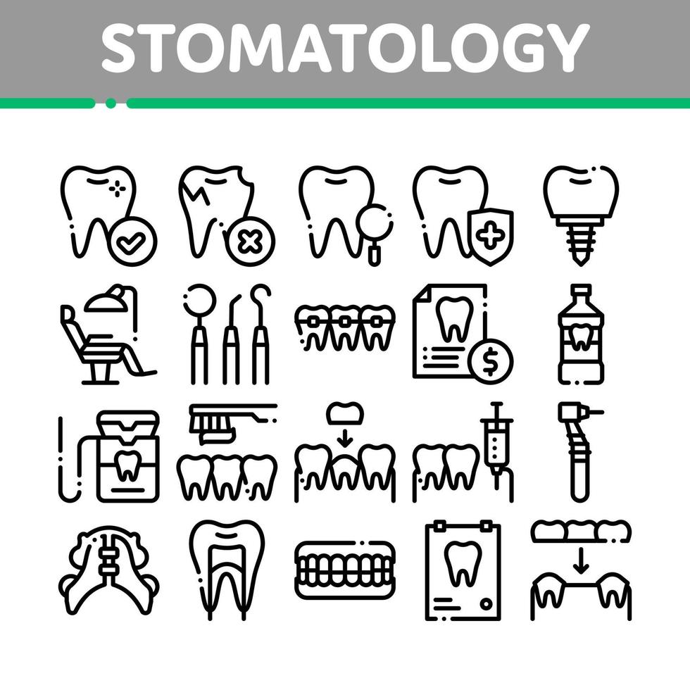 conjunto de iconos de línea delgada de vector de colección de estomatología