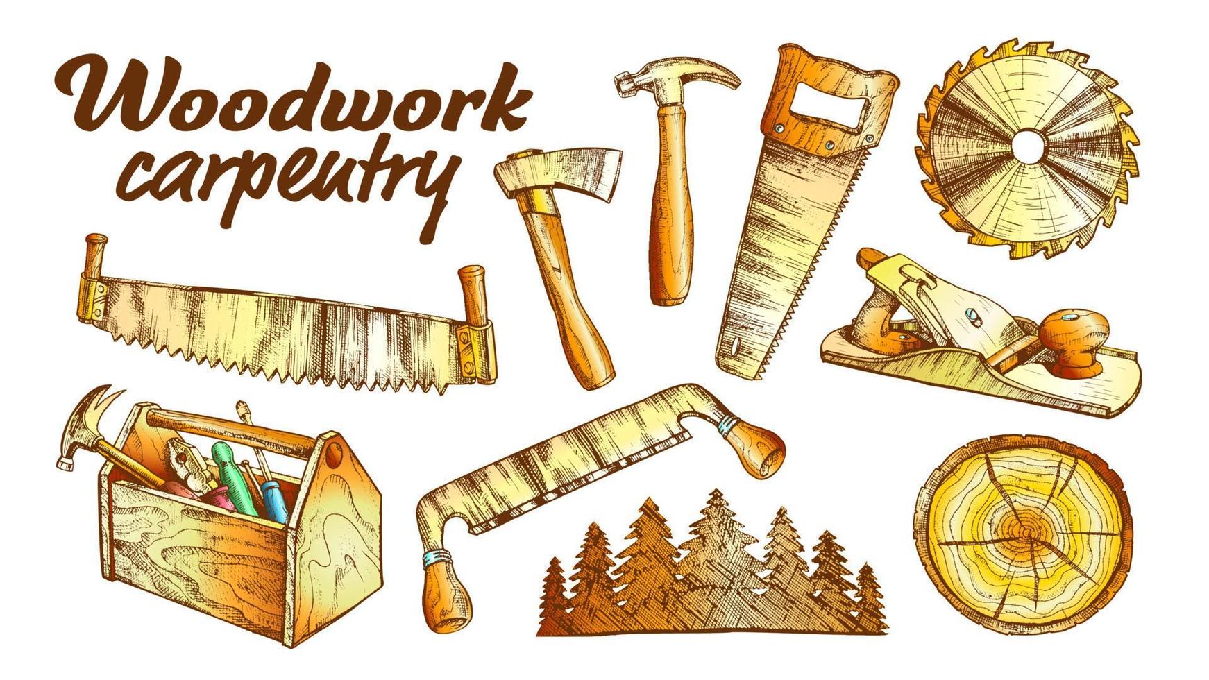 Color Woodwork Carpentry Collection Equipment Set Vector