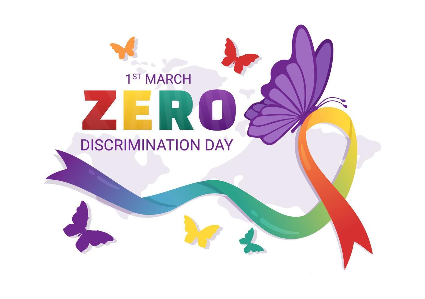 Zero Discrimination Day Illustration with Different People and Different Colors for Landing Page in Cartoon Hand Drawn Butterfly Flying Template vector