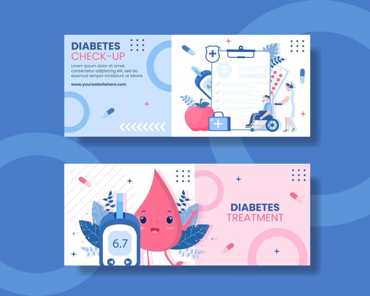 pruebas de diabetes cuidado de la salud banner horizontal dibujos animados planos plantillas dibujadas a mano ilustración vector
