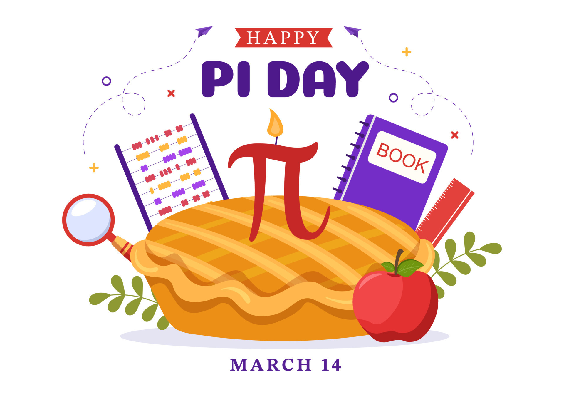 World Pi Day Illustration with Mathematical Constants, Greek Letters or Baked Sweet Pie for