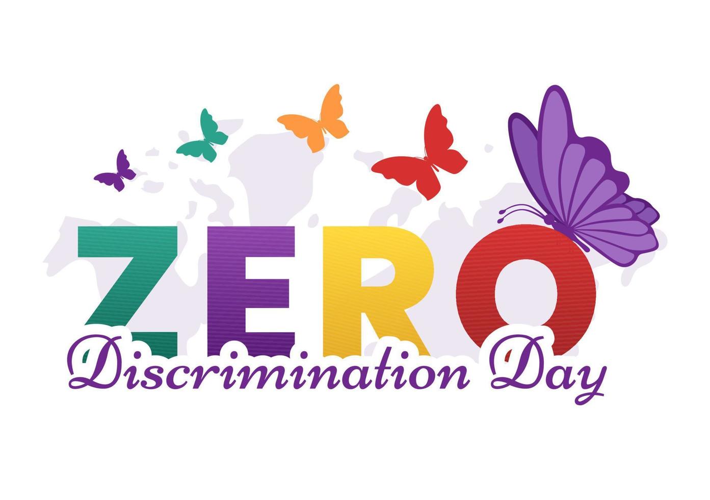 ilustración del día de cero discriminación con diferentes personas y diferentes colores para la página de destino en la plantilla de vuelo de mariposa dibujada a mano de dibujos animados vector
