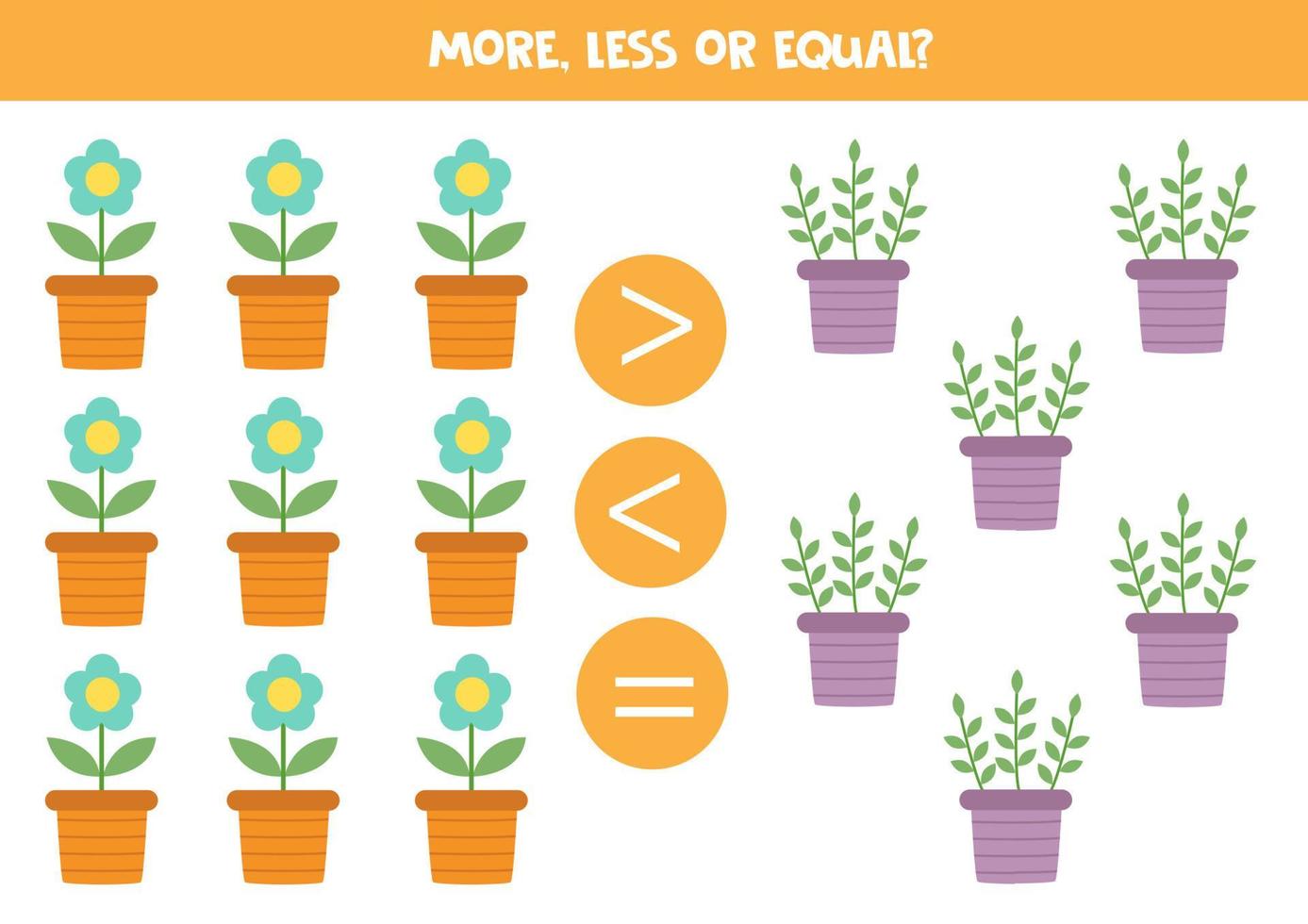 More, less or equal with cute flowers in pots. vector