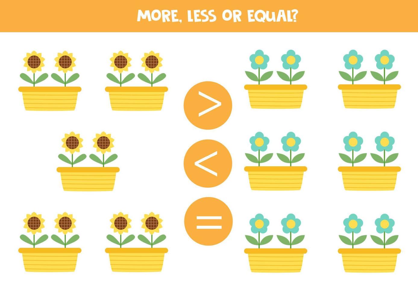More, less or equal with cute flowers in pots. vector