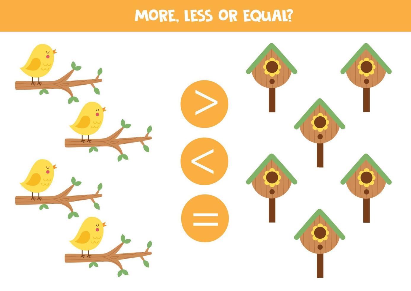 More, less or equal with cute bird and birdhouse. vector