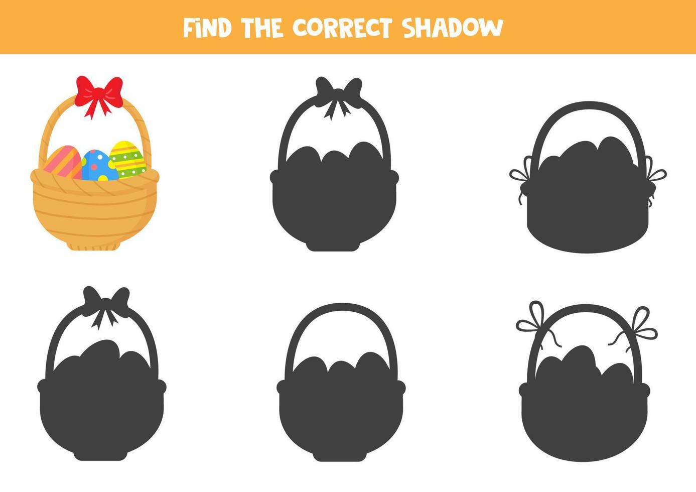 Find the correct shadow of cute Easter basket. Logical puzzle for kids. vector