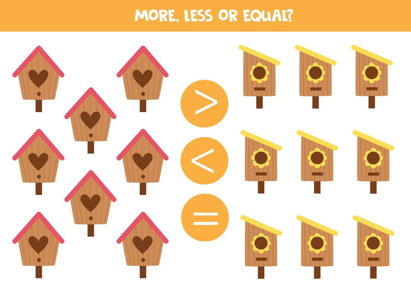 More, less or equal with wooden birdhouses. vector