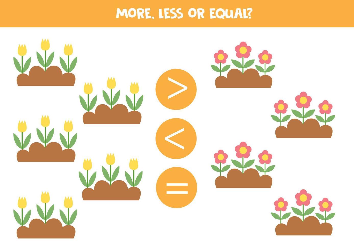 More, less or equal with cute flowerbeds. vector