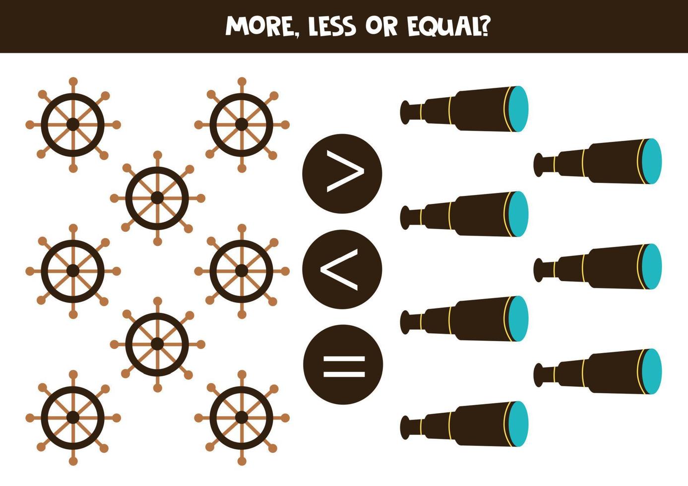 More, less or equal with cartoon steering wheel and telescope. vector