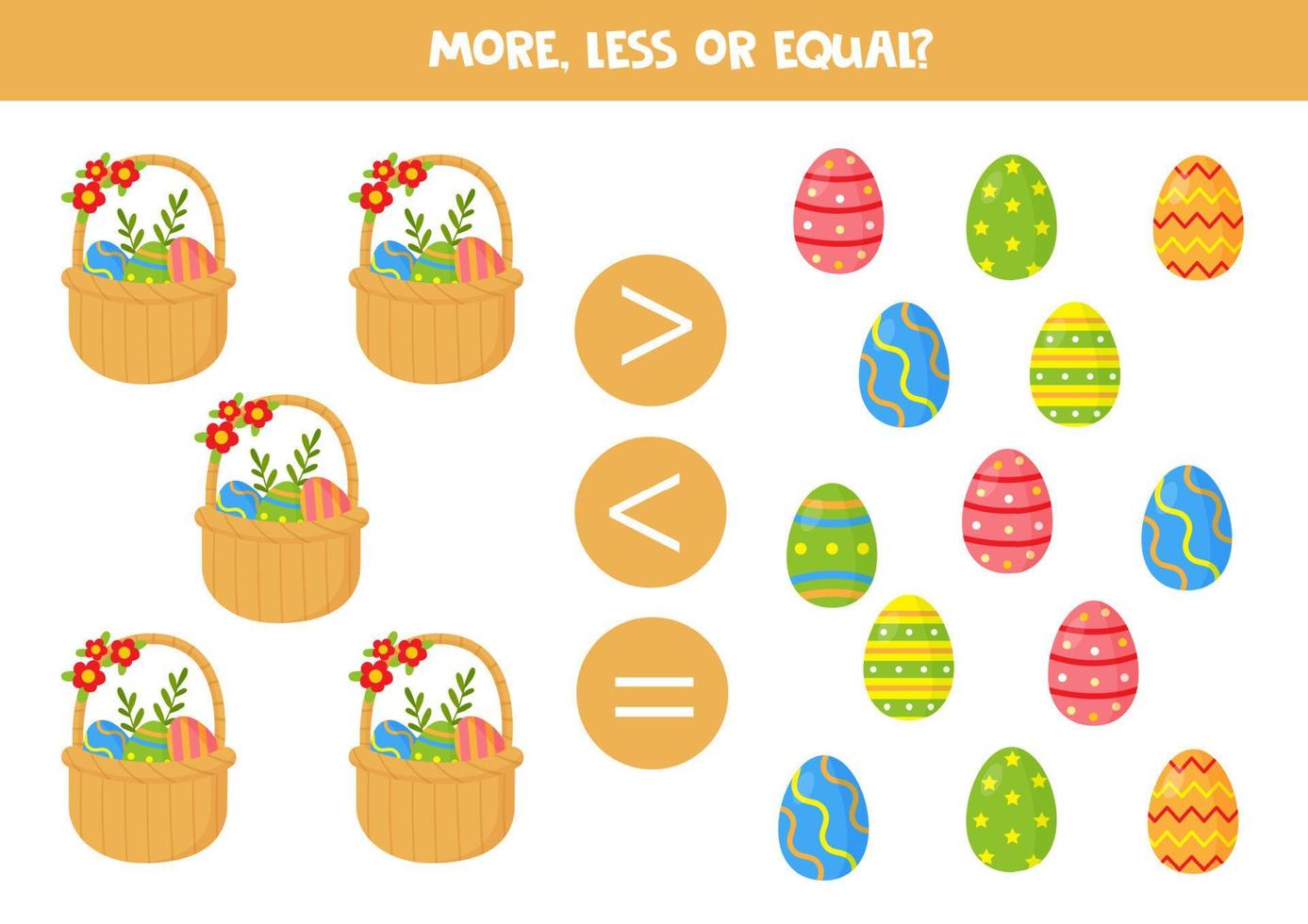 More, less or equal with cartoon Easter baskets. vector