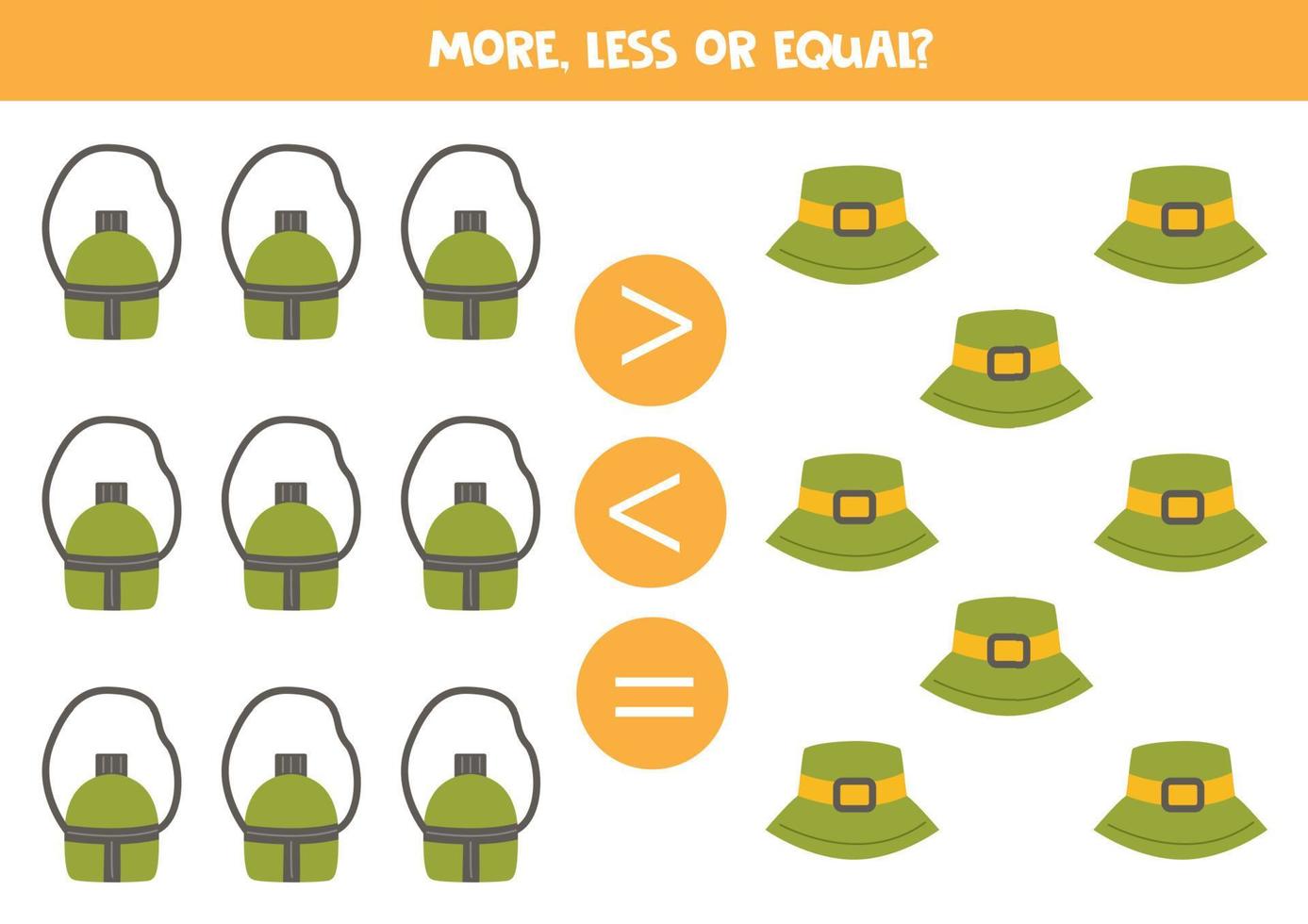More, less or equal with green flask and hat. vector