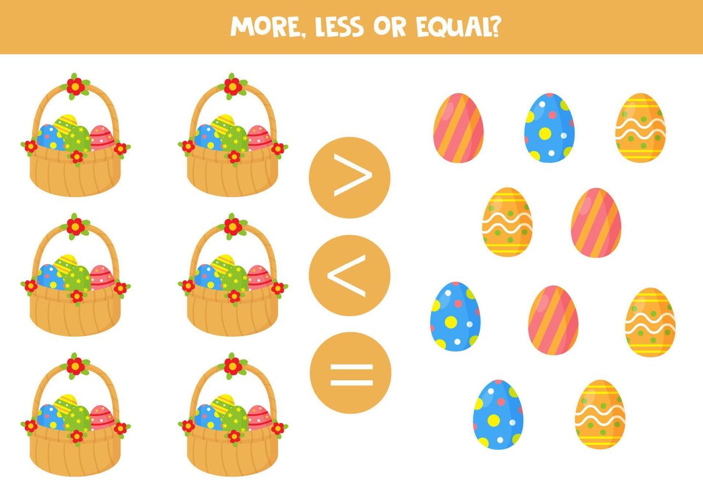 More, less or equal with cartoon Easter baskets. vector