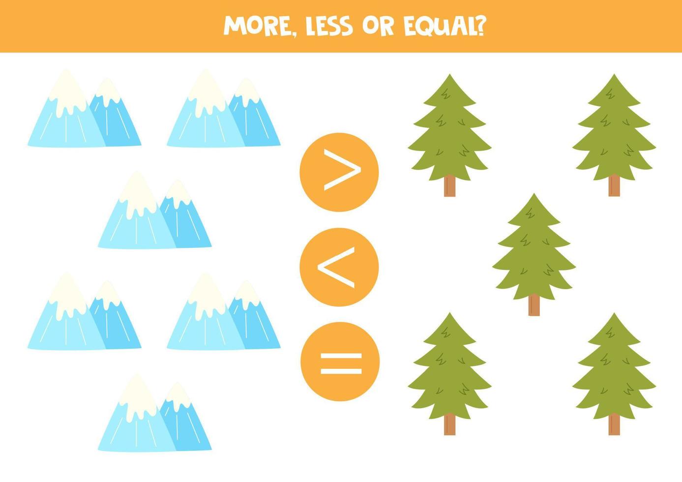 More, less or equal with cartoon mountains and pines. vector